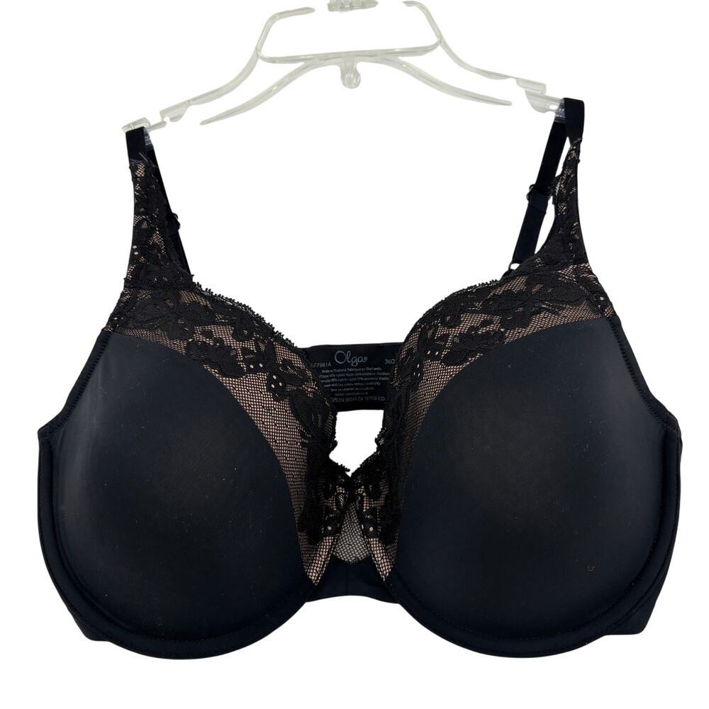 Olga Bra Size 36D Black Cloud 9 Full Figure Underwire Contour Lace Overlay